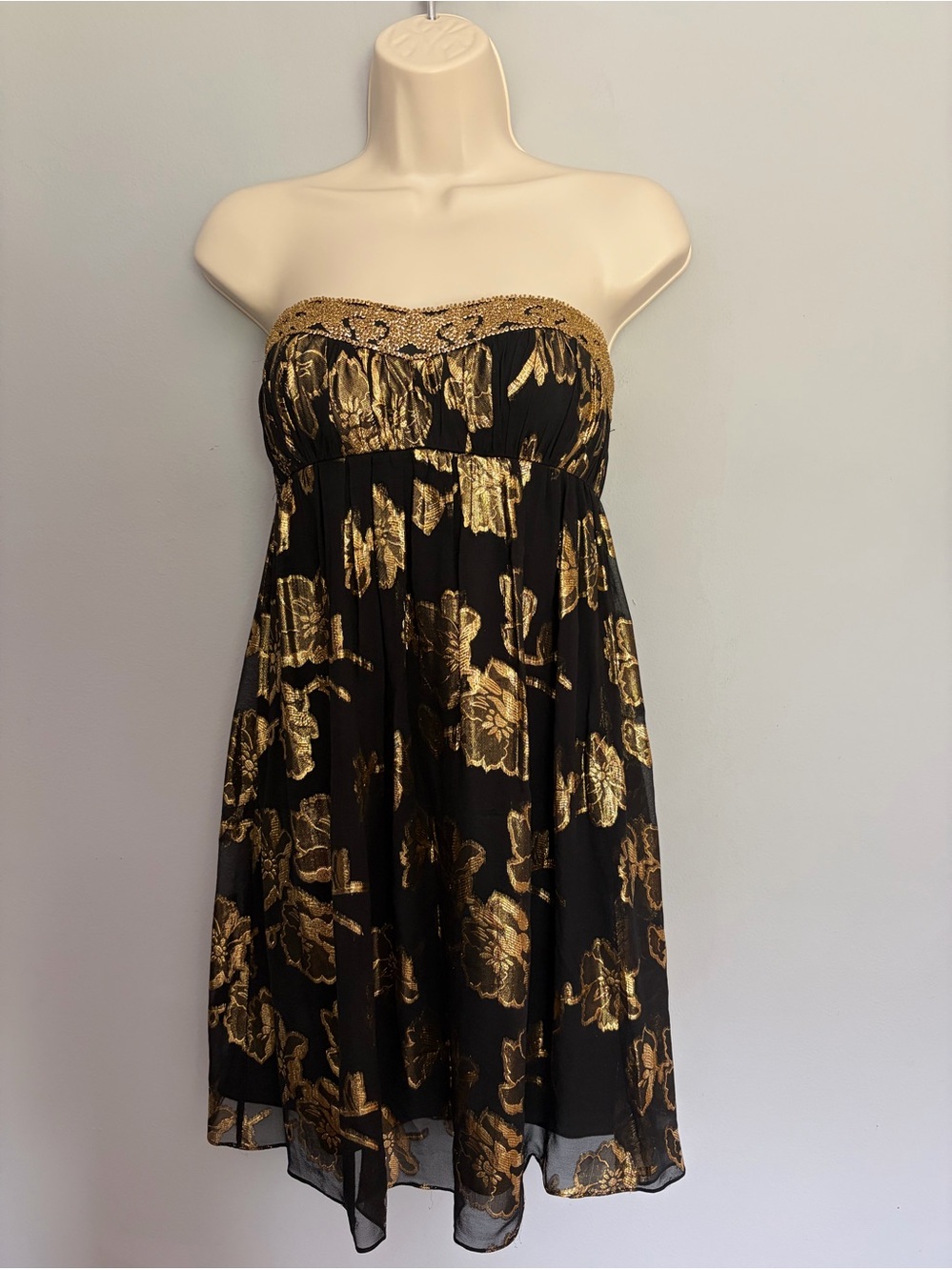 Vintage Cache Silk Babydoll Mini Dress Women’s Size 4 Sheer Black Metallic Gold